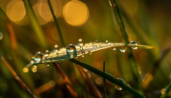 Fresh dew drops on green grass blades generated by AI photo