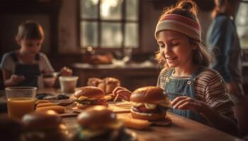 sonriente muchachas preparando hecho en casa hamburguesas en cocina generado por ai foto