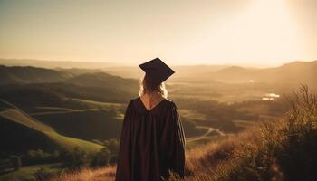 joven mujer soportes en graduación vestido, sonriente generado por ai foto