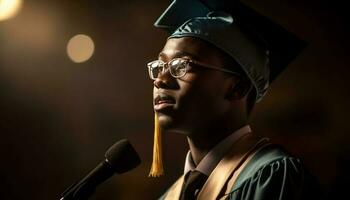 Young adult musician holds microphone with confidence generated by AI photo