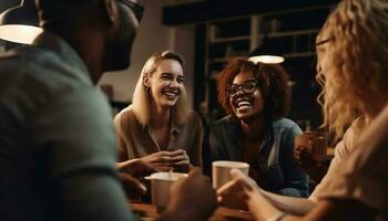 Young adults enjoying coffee and conversation together generated by AI photo