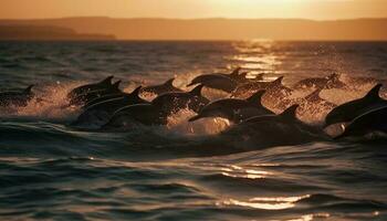 juguetón delfines salpicaduras en el puesta de sol olas generado por ai foto