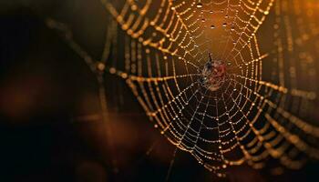 Spooky spider web traps dew drops outdoors generated by AI photo