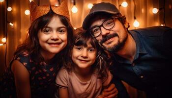 sonriente familia abraza debajo Navidad luces adentro generado por ai foto