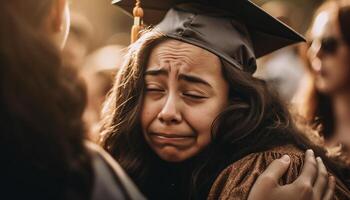 joven mujer en graduación vestidos abrazo al aire libre generado por ai foto