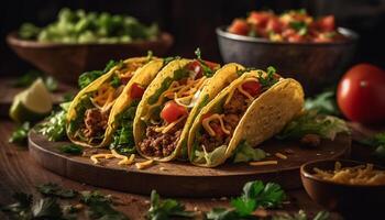 Rustic Mexican taco with grilled steak and guacamole generated by AI photo