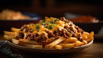 Grilled beef and fries, a hearty lunch generated by AI photo