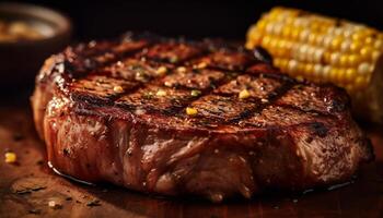 Grilled steak, cooked rare, ready to eat generated by AI photo