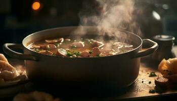 Homemade beef stew cooked on rustic stove generated by AI photo