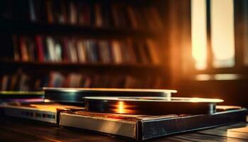 Old fashioned book collection on wooden bookshelf generated by AI photo