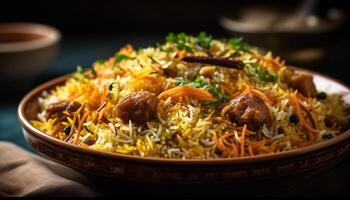 Saffron rice with meat and vegetables bowl generated by AI photo