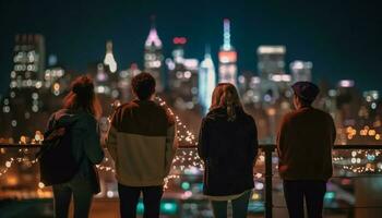 City life illuminates the night skyline, bustling with people generated by AI photo