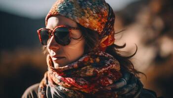 joven mujer en Gafas de sol sonriente en naturaleza generado por ai foto