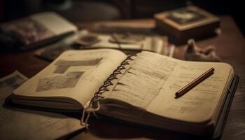 Antique Bible on old fashioned table, selective focus generated by AI photo