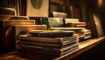 Obsolete turntable on old fashioned table in nightclub generated by AI photo