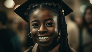 joven africano americano mujer celebra graduación éxito al aire libre generado por ai foto