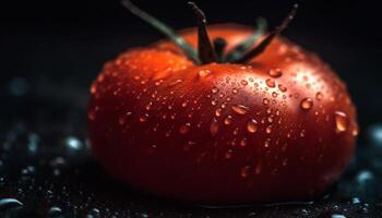 Ripe tomato drop reflects nature freshness generated by AI photo