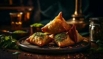 relleno Samosas en rústico madera lámina, Listo a comer generado por ai foto