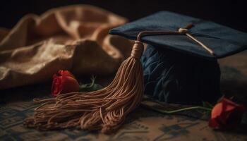 Diploma and tassel on rustic wooden table generated by AI photo