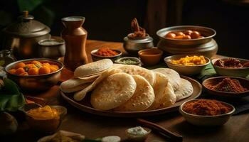 Fresh Indian meal on wooden crockery plate generated by AI photo