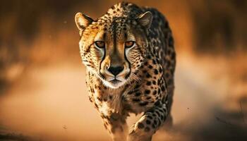 Majestic cheetah staring into the wilderness at sunset generated by AI photo