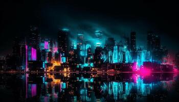 Skyscrapers illuminate city skyline in vibrant colors generated by AI photo