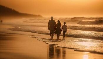 Family walks on beach at sunset, bonding generated by AI photo