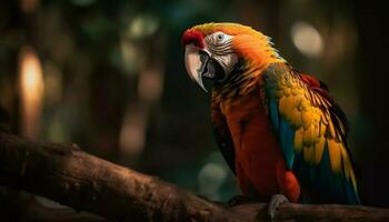 Vibrant macaw perched on branch in nature generated by AI photo