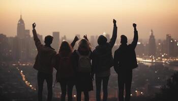 Group of people celebrate city life success generated by AI photo