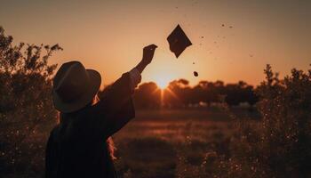 Graduates celebrate success outdoors, throwing diplomas joyfully generated by AI photo