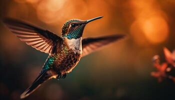 Hummingbird hovering, spreading iridescent wings in nature generated by AI photo