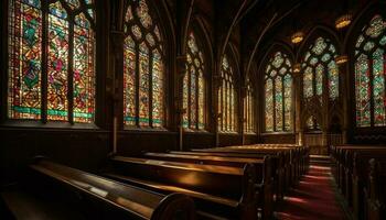 Majestic Gothic chapel with stained glass windows generated by AI photo
