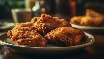 Fried chicken wings on rustic plate, deliciously unhealthy generated by AI photo