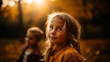 linda muchachas jugando en naturaleza, disfrutando otoño divertido generado por ai foto