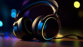 Shiny headphones illuminate nightclub modern entertainment generated by AI photo