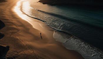 Silhouette walking on waters edge at sunset generated by AI photo