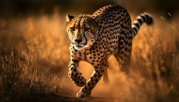 Majestic cheetah walking in African sunset safari generated by AI photo