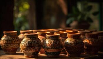 Ornate earthenware vase with intricate terracotta pattern generated by AI photo