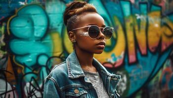 joven mujer en Gafas de sol exuda confianza al aire libre generado por ai foto