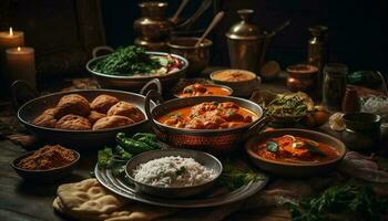 rústico cuenco de hecho en casa indio curry arroz generado por ai foto