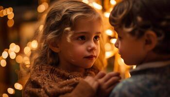 Cute Caucasian siblings embrace, enjoying Christmas lights indoors generated by AI photo