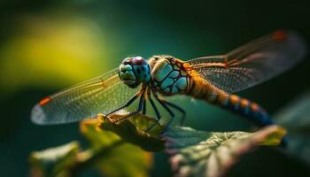 Dragonfly resting on vibrant green leaf outdoors generated by AI photo
