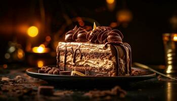 Dark chocolate cake slice on rustic wood plate generated by AI photo