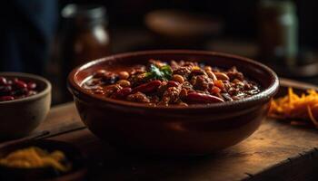 Fresh organic vegetable soup with chili pepper seasoning generated by AI photo