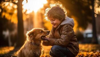 linda niño y perro jugando en otoño bosque generado por ai foto