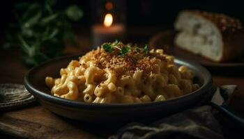 Homemade pasta meal on rustic wooden table generated by AI photo