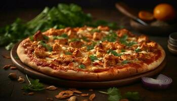 Freshly baked homemade pizza on rustic wood table generated by AI photo