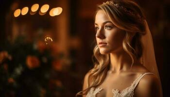 Young bride in elegant dress, smiling beautifully generated by AI photo