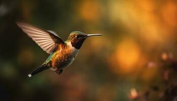 Hovering rufous hummingbird flapping wings mid air generated by AI photo