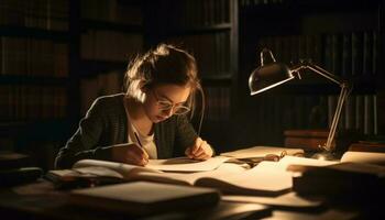 caucásico niña leyendo libro de texto en iluminado biblioteca generado por ai foto
